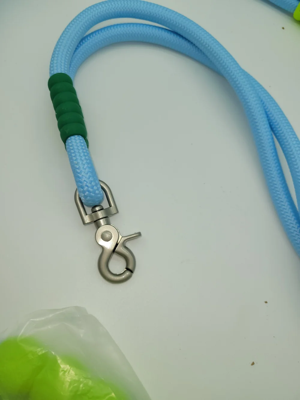 Light Blue Dog Leash with Bright Lime Green Chew Guard